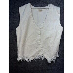 Lace Trim Tank Top Womens XXL White Sleeveless Tunic Button Front Boho Lace Hem